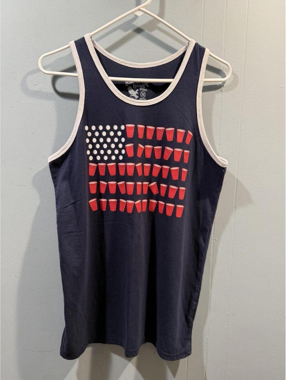 Mens Home Of The Brave Tank Top Size Medium Blue Beer Pong American Flag